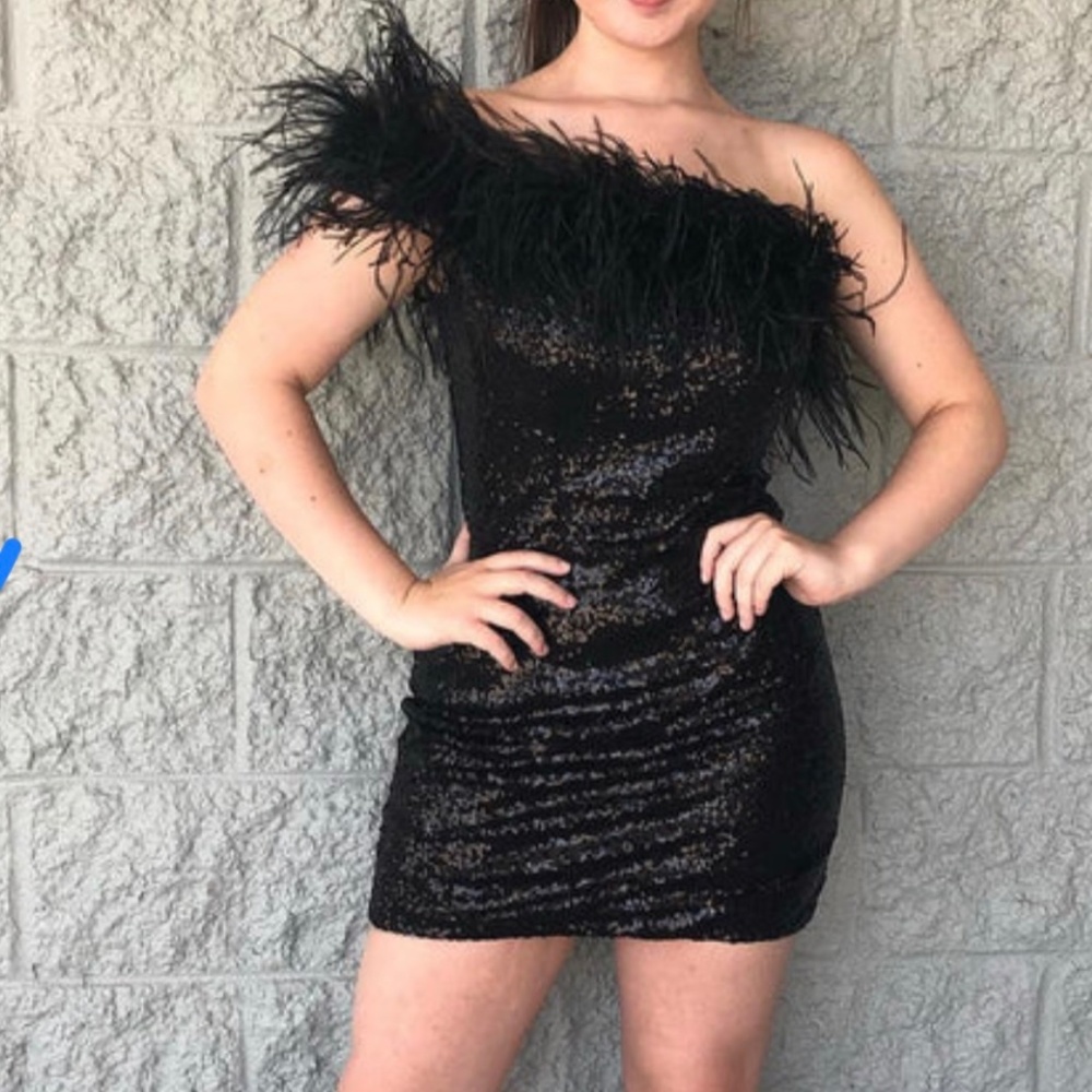 Little Black dress, one shoulder with feathers, sz 8
